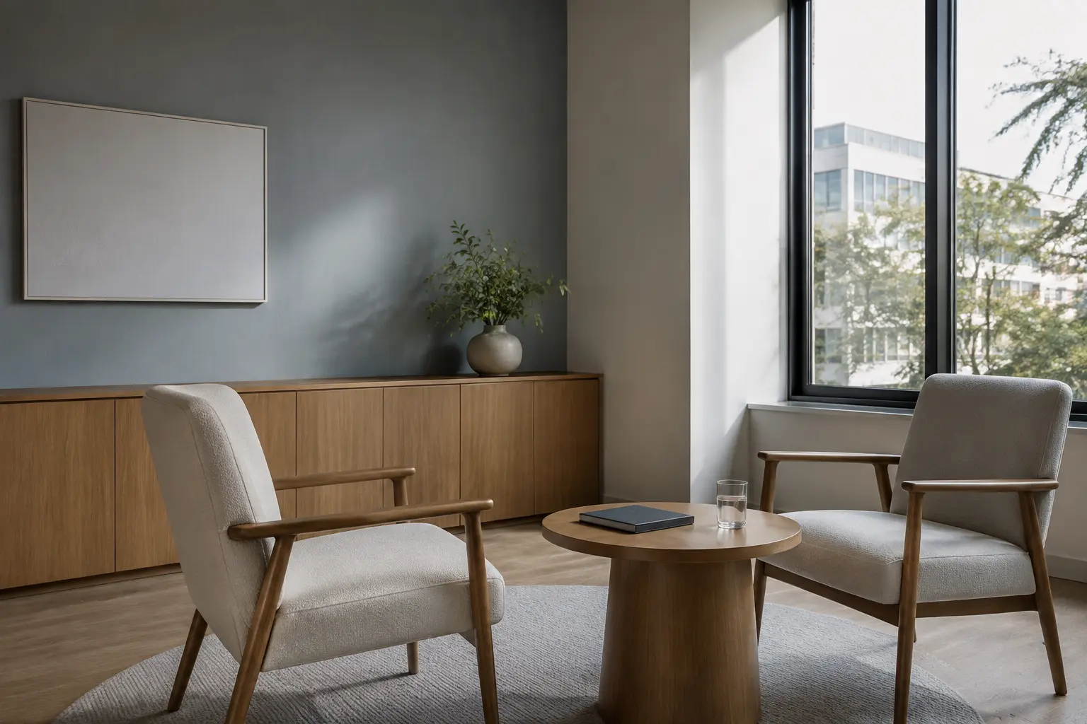 Two empty chairs facing each other across a small table in a quiet contemporary consultation room